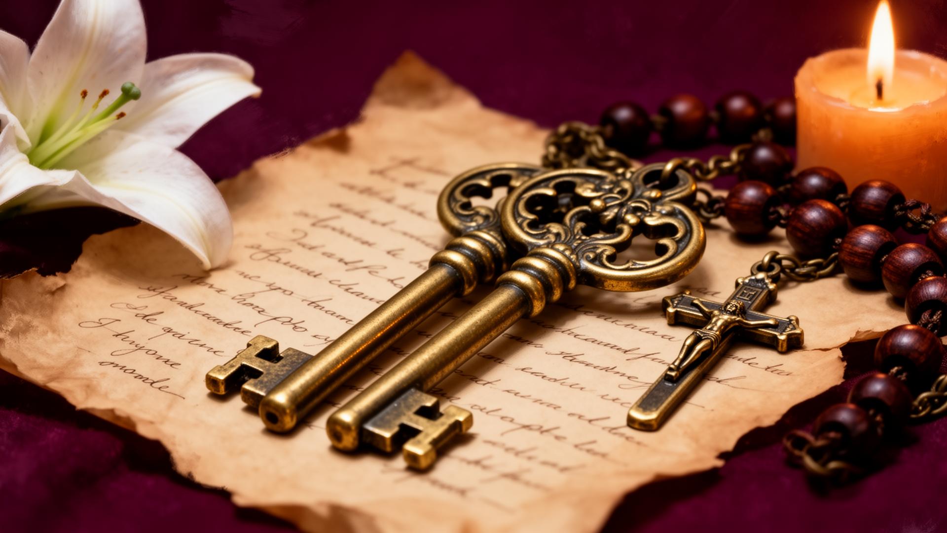 Antique brass keys crossed over parchment with a white lily and rosary beads
